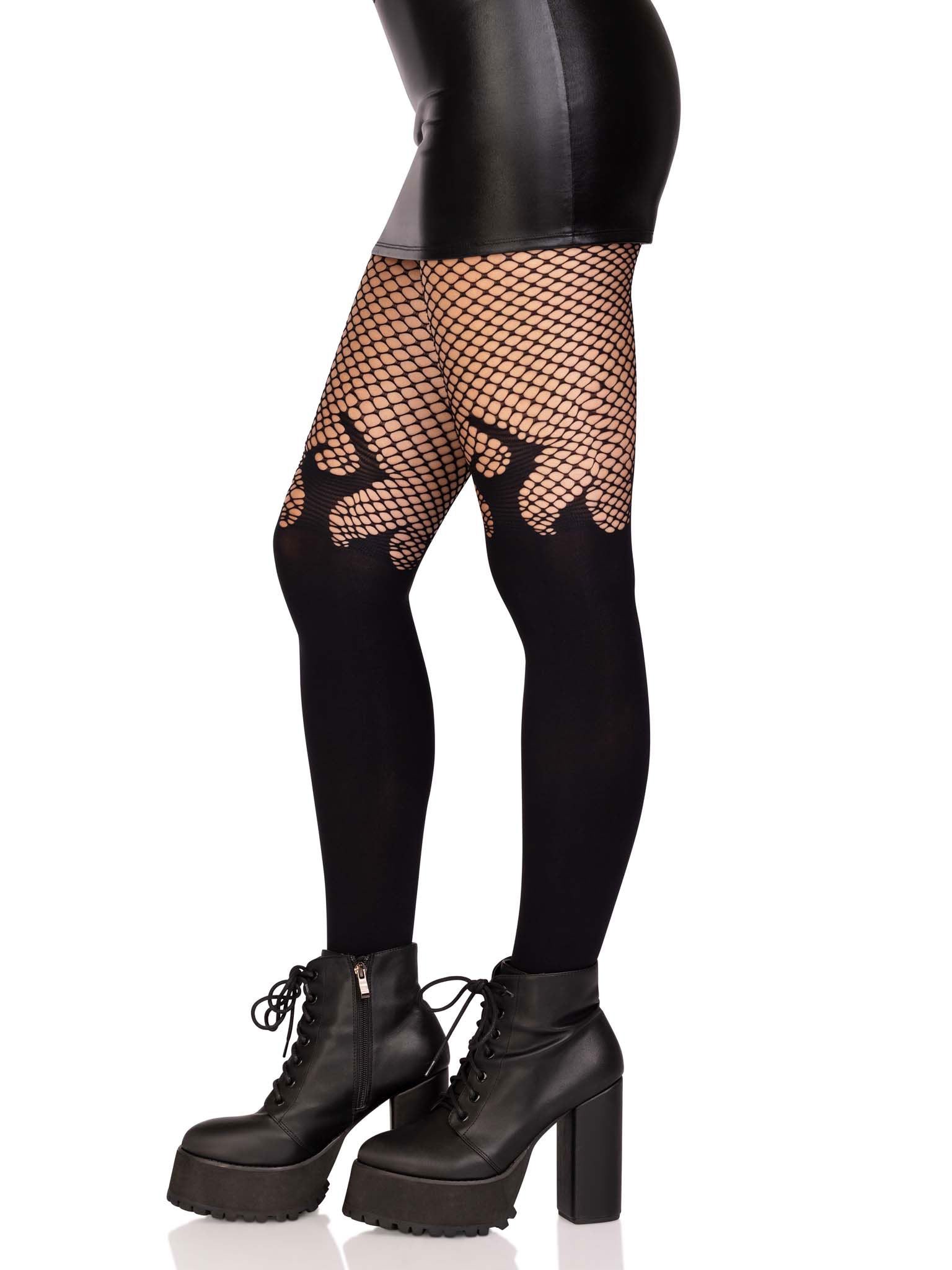 Opaque Flame Tights With Fishnet Top - One Size - Black