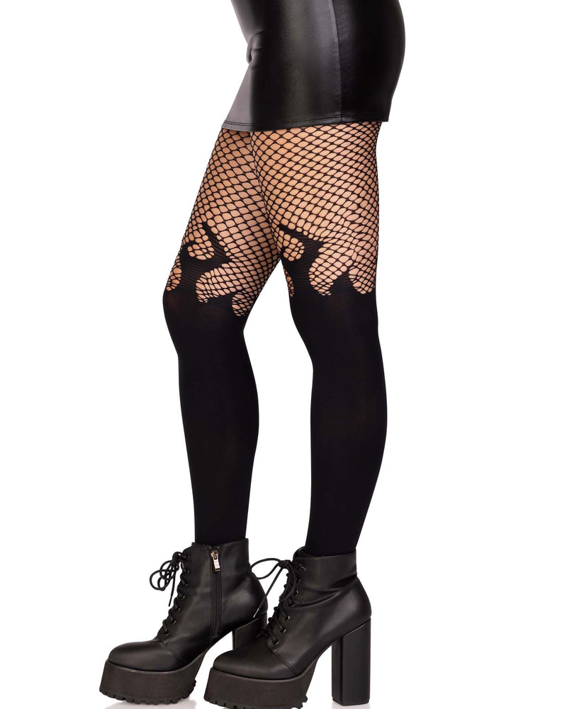 Opaque Flame Tights With Fishnet Top - One Size - Black