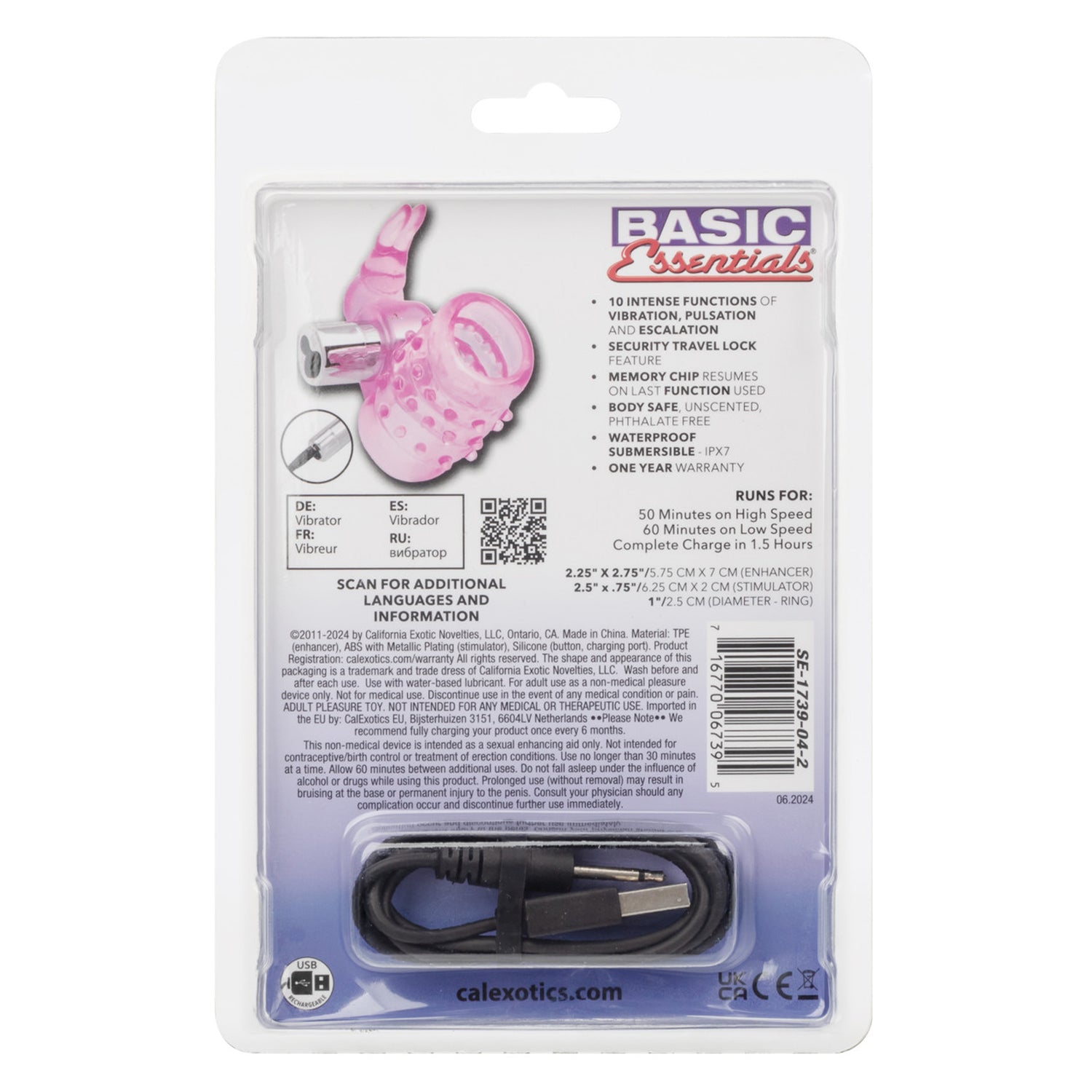 Basic Essentials Stretchy Vibrating Bunny Enhancer - Pink Rechargeable