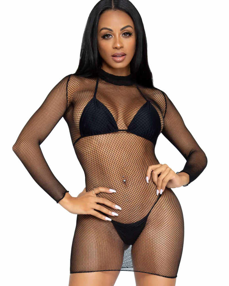 Ultra Net Long Sleeve High Neck Mini Dress - One Size - Black