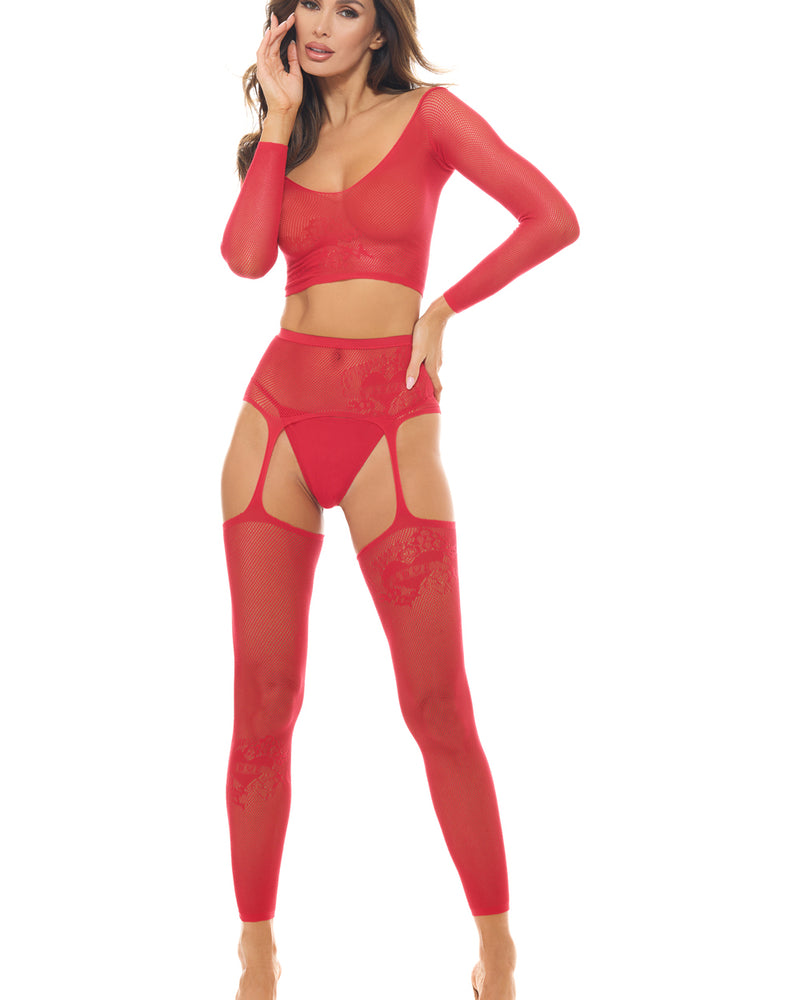 "Permanent Mark Long Sleeve Top and Garter Bodystocking Red - Os RR-7117TREDOS"