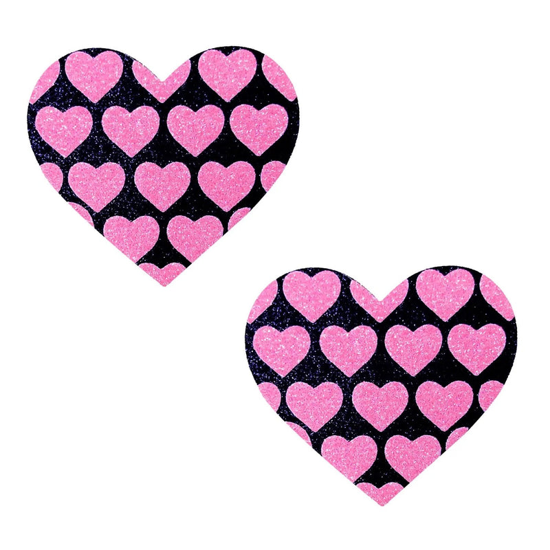 "Pink Heart Neon Valentines Black Glitter Heart Nipple Cover Pasties NN-PHT-HRT-BM"