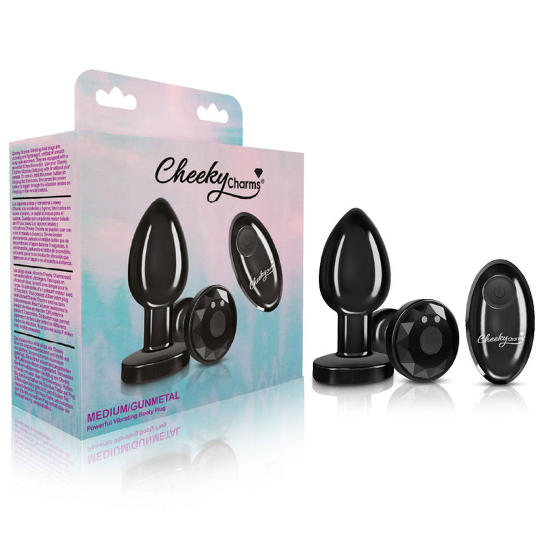 "Cheeky Charms - Rechargeable Vibrating Metal Butt Plug With Remote Control - Gunmetal - Medium VB-CC9145"