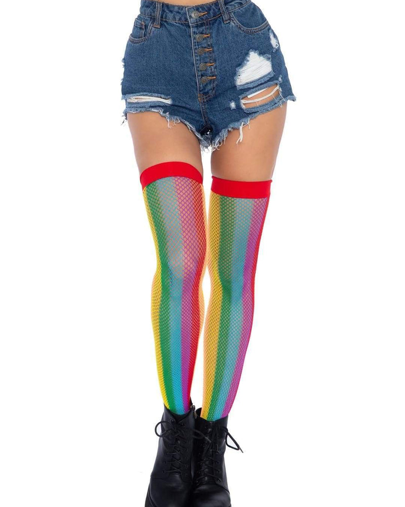 Rainbow Fishnet Thigh Highs - One Size - Multicolor