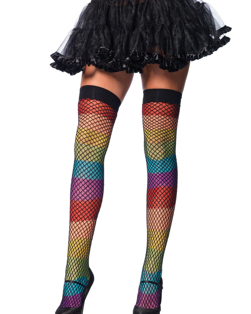 "Rainbow Thigh Highs With Fishnet Overlay - One Size LA-9994"