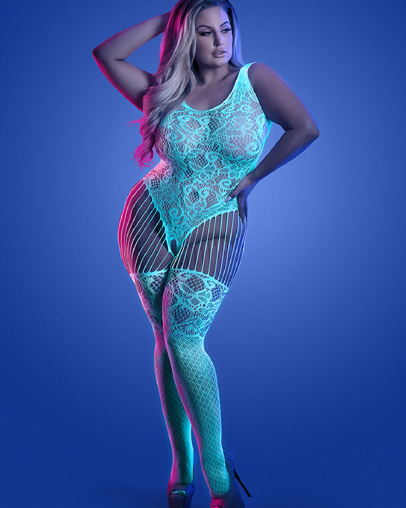 Illuminate Crotchless Teddy Bodystocking - Queen - White/blue