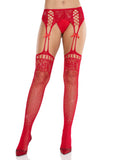 "Red Rhinestone Lace Top Fishnet Stockings With - Gartner Belt - Os LA-1602REDOS"