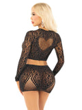 Black 2pc Rhinestone Lace and Net Crop Top with - Heart Keyhole Mini Skirt - Os