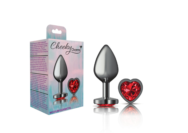 "Cheeky Charms-Gunmetal Metal Butt Plug- Heart-Dark Red-Medium VB-CC9136"