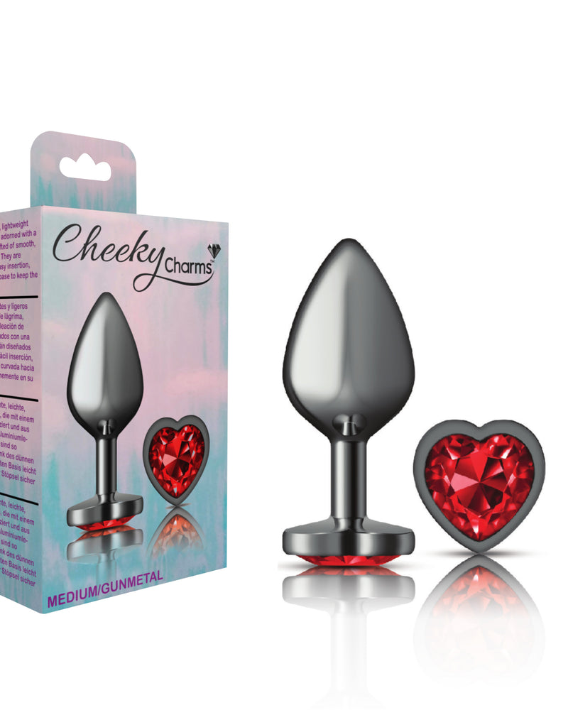 "Cheeky Charms-Gunmetal Metal Butt Plug- Heart-Dark Red-Medium VB-CC9136"