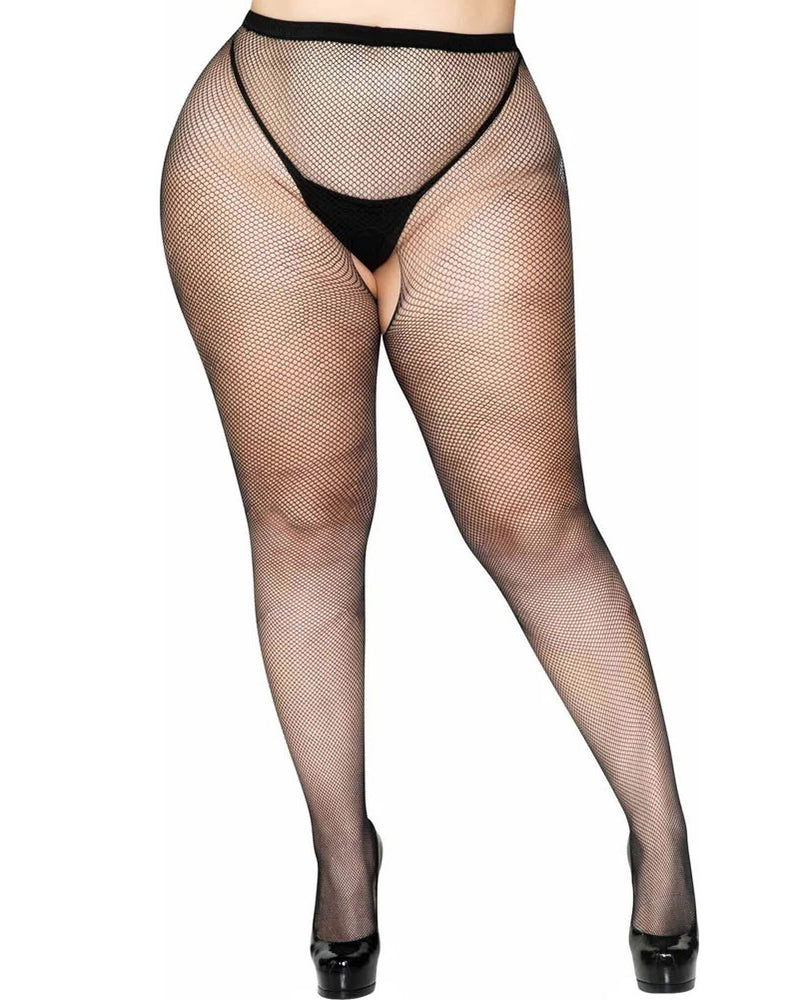 Crotchless Fishnet Pantyhose - Queen Size - Black