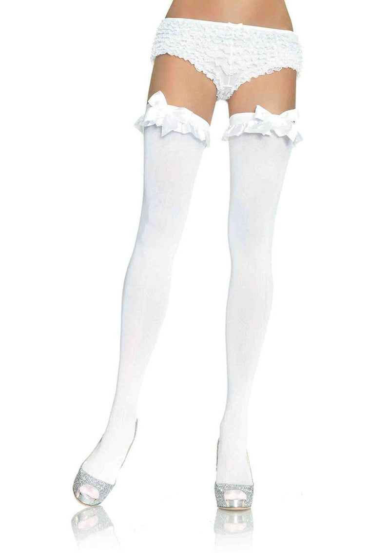 "Opaque Thigh Highs With Satin Ruffle Trim and Bow - One Size - White LA-6010W"