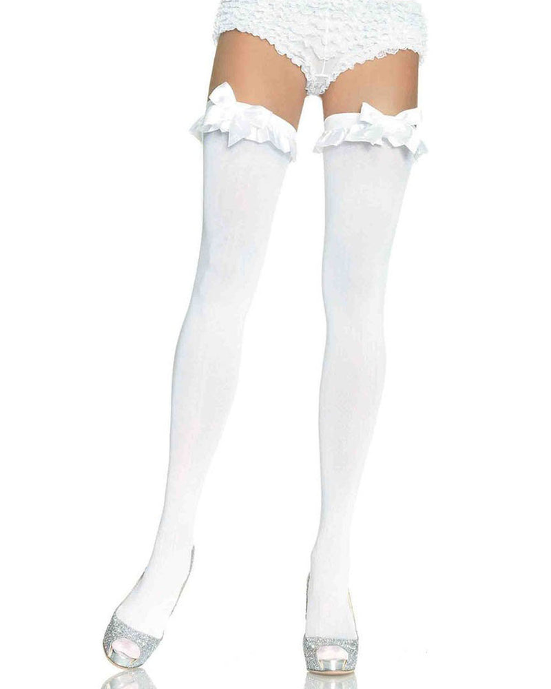 "Opaque Thigh Highs With Satin Ruffle Trim and Bow - One Size - White LA-6010W"