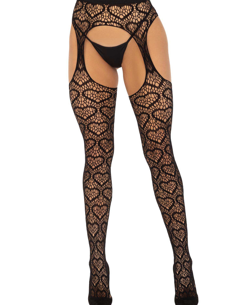 Heart Net Suspender Pantyhose - One Size - Black