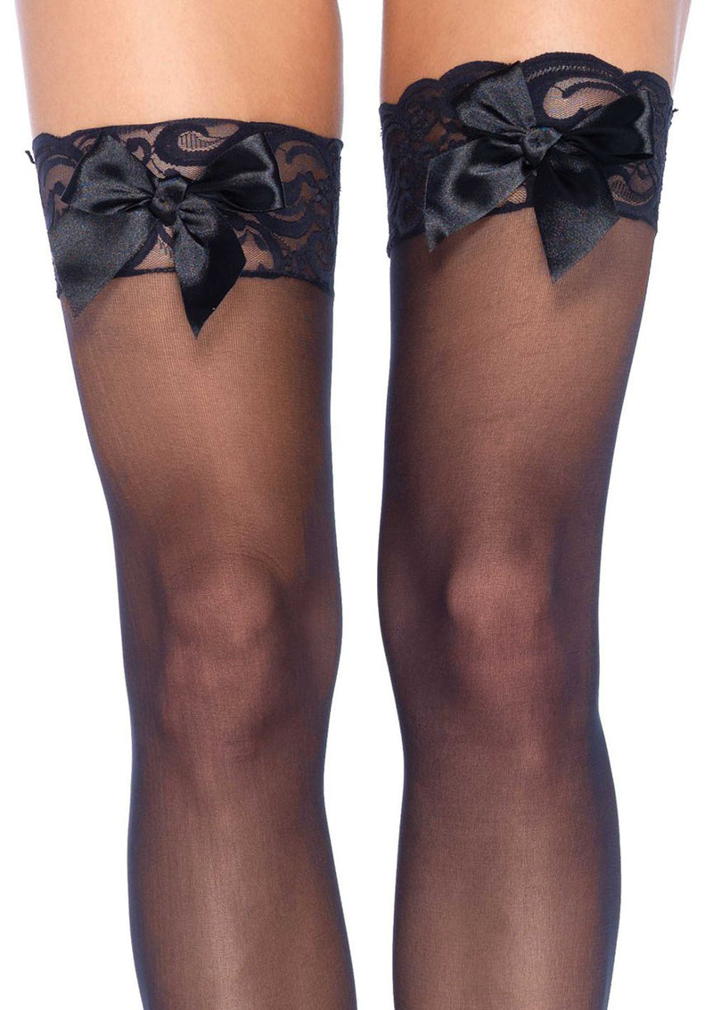 "Sheer Lace Top Thigh Highs With Satin Bow Accent - One Size - Black LA-1912"