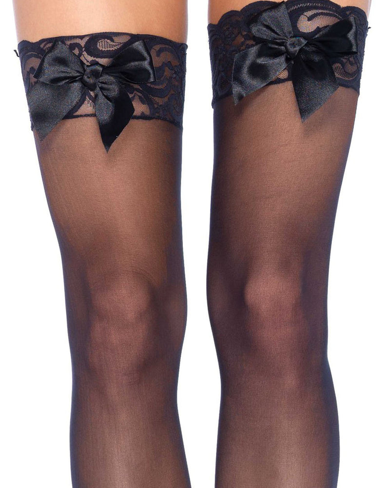 "Sheer Lace Top Thigh Highs With Satin Bow Accent - One Size - Black LA-1912"