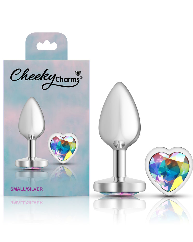 Cheeky Charms-Silver Metal Butt Plug- Heart-Clear-Small