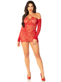 "Red Seamless Lace and Net Mini Dress - Dress With Twist Halter Strap - Os LA-81670REDOS"