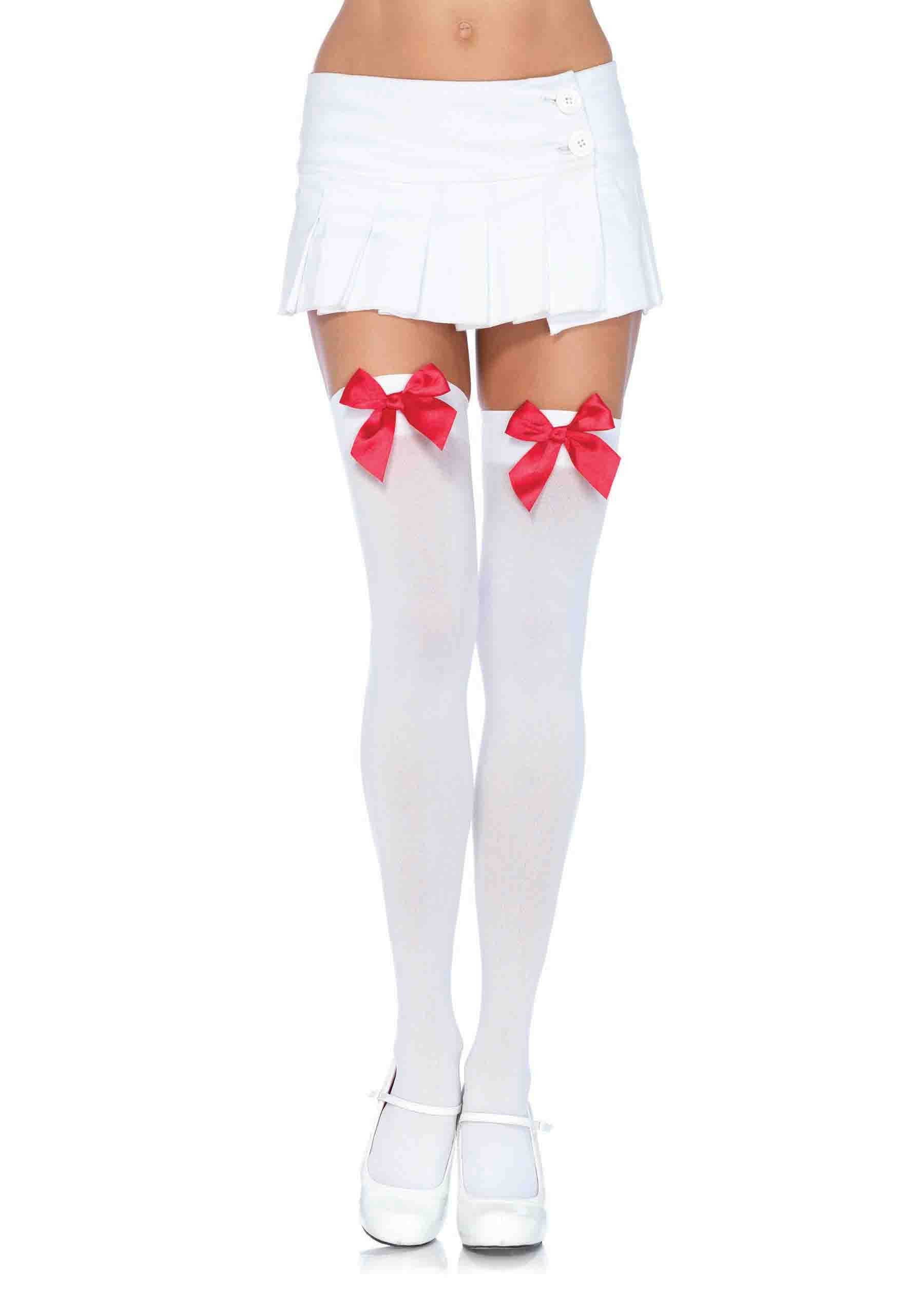 "Nylon Over the Knee Socks - White With Red Bow LA-6255WHTRED"