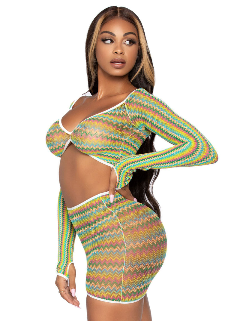 "2 Pc Zig Zag Net Crop Top and Mini Dress - One Size - Green LA-81629GRNOS"