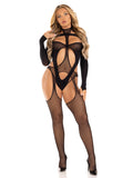 2 Pc Fishnet Halter Suspender Bodystocking and Layered Teddy - One Size - Black