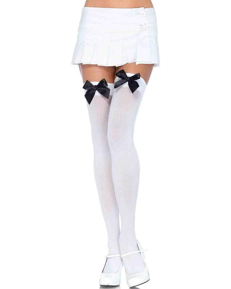 "Nylon Thigh Highs With Bow - One Size - White / Black LA-6255WHTBLK"