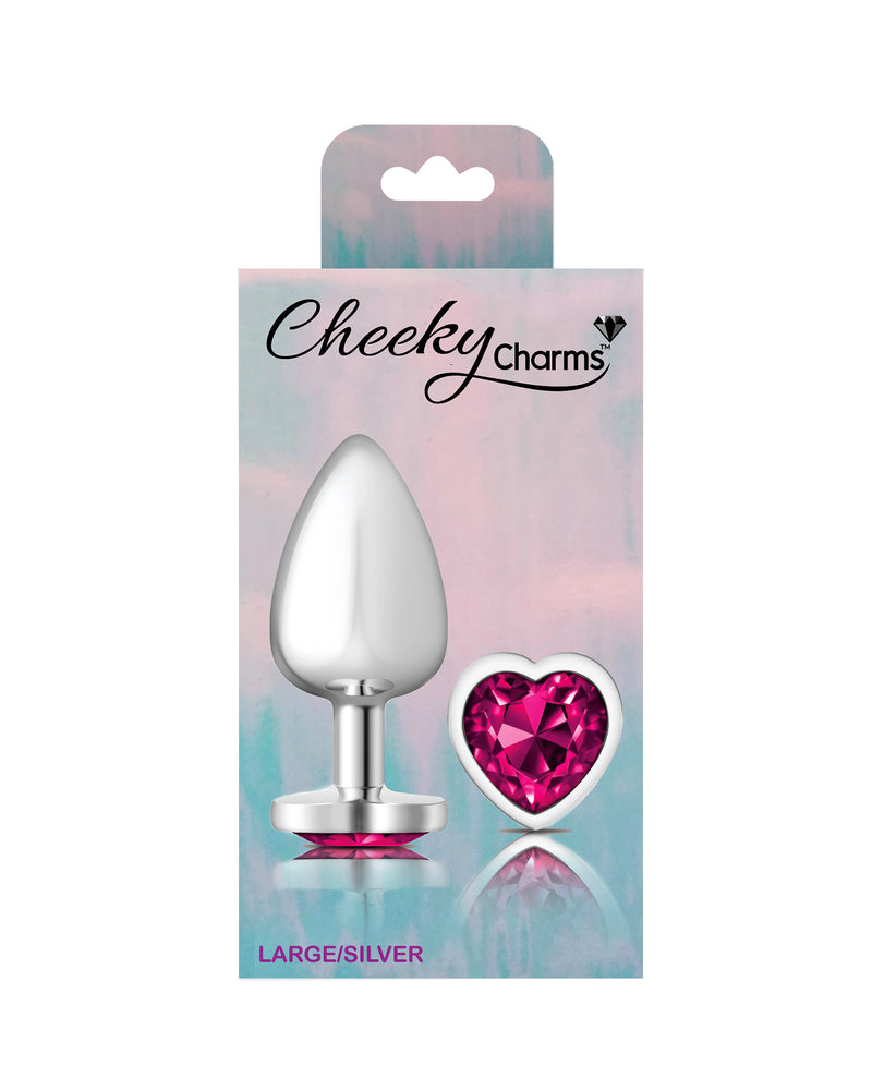 Cheeky Charms-Silver Metal Butt Plug- Heart-Bright Pink-Large