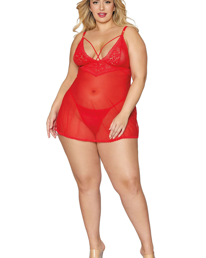 Babydoll and G-String - Queen Size - Lipstick Red