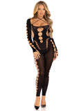 Opaque Cut Out Footless Bodystocking - One Size - Black