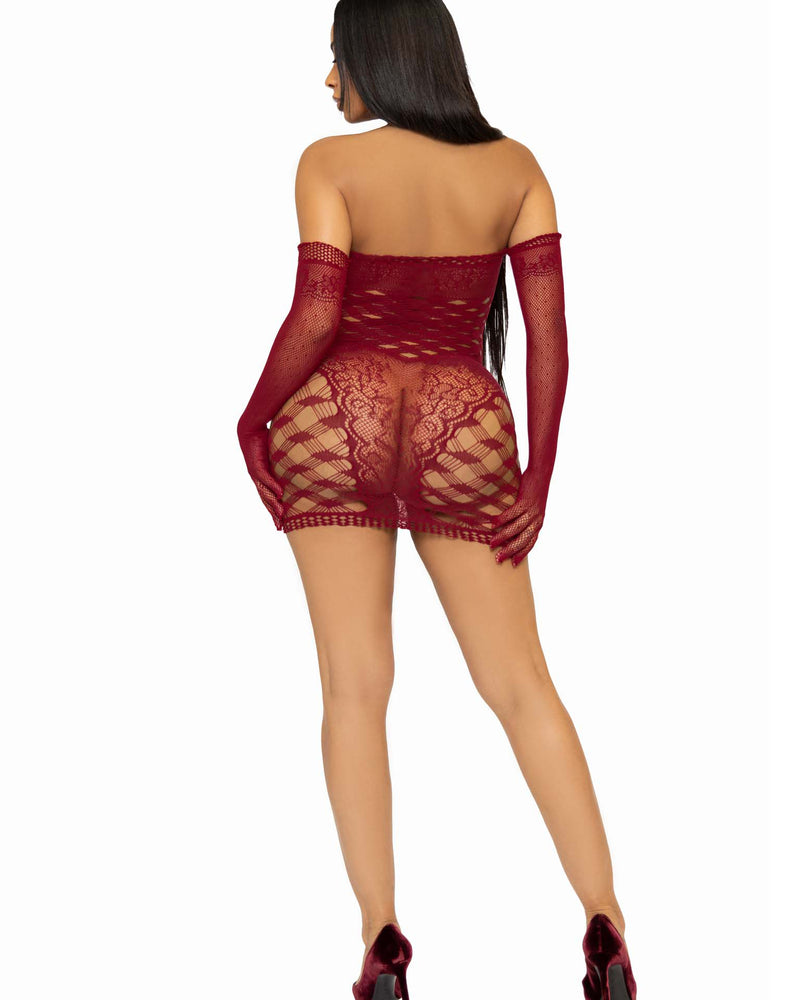 "2 Pc Hardcore Net Tube Dress With Gloves - One Size - Burgundy LA-86136BUROS"