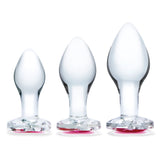 3 Pc Heart Jewel Glass Anal Training Kit - Clear/pink