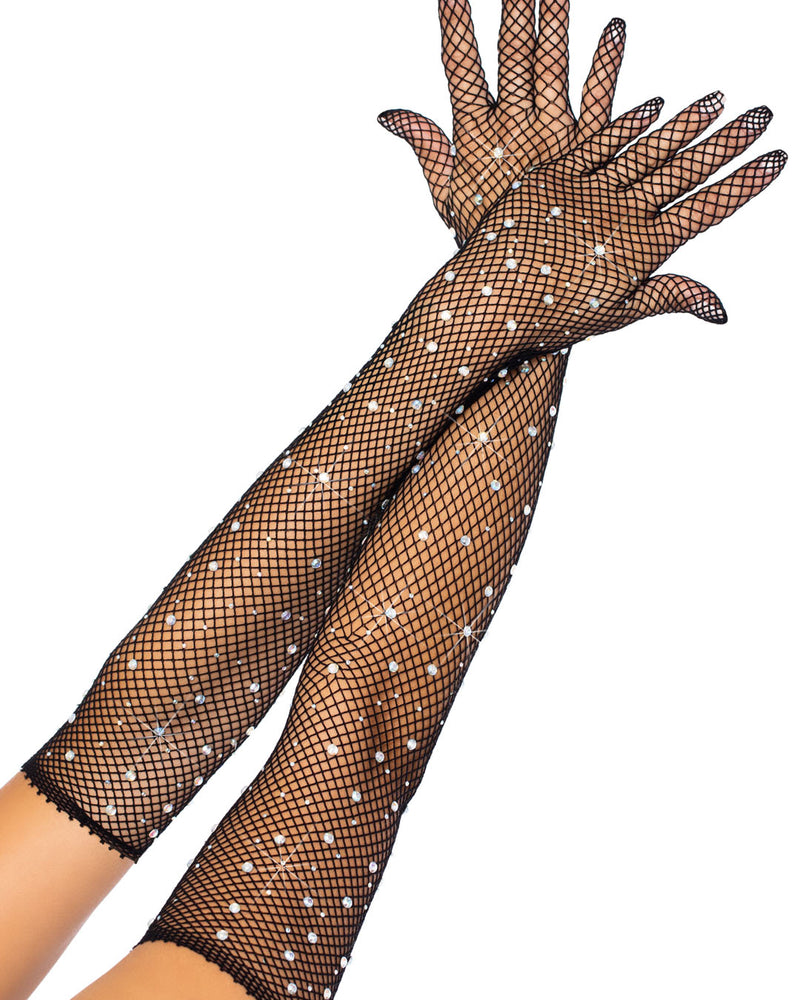 "Rhinestone Fishnet Long Gloves - Black LA-2038BLK"