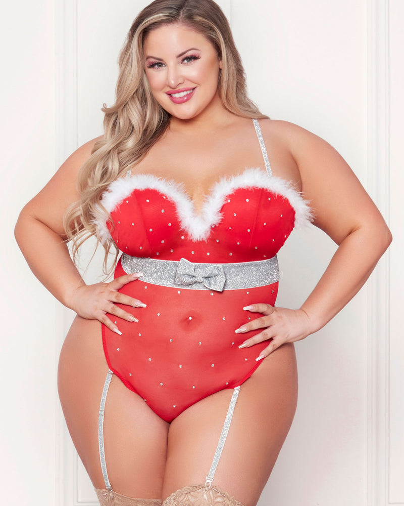 "Rhinestone Studded Mesh Teddy With Marabou Trim - 3x/4x - Red STM-11470XR3X4"