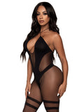 Opaque and Sheer Twist Halter Bodystocking - One Size - Black