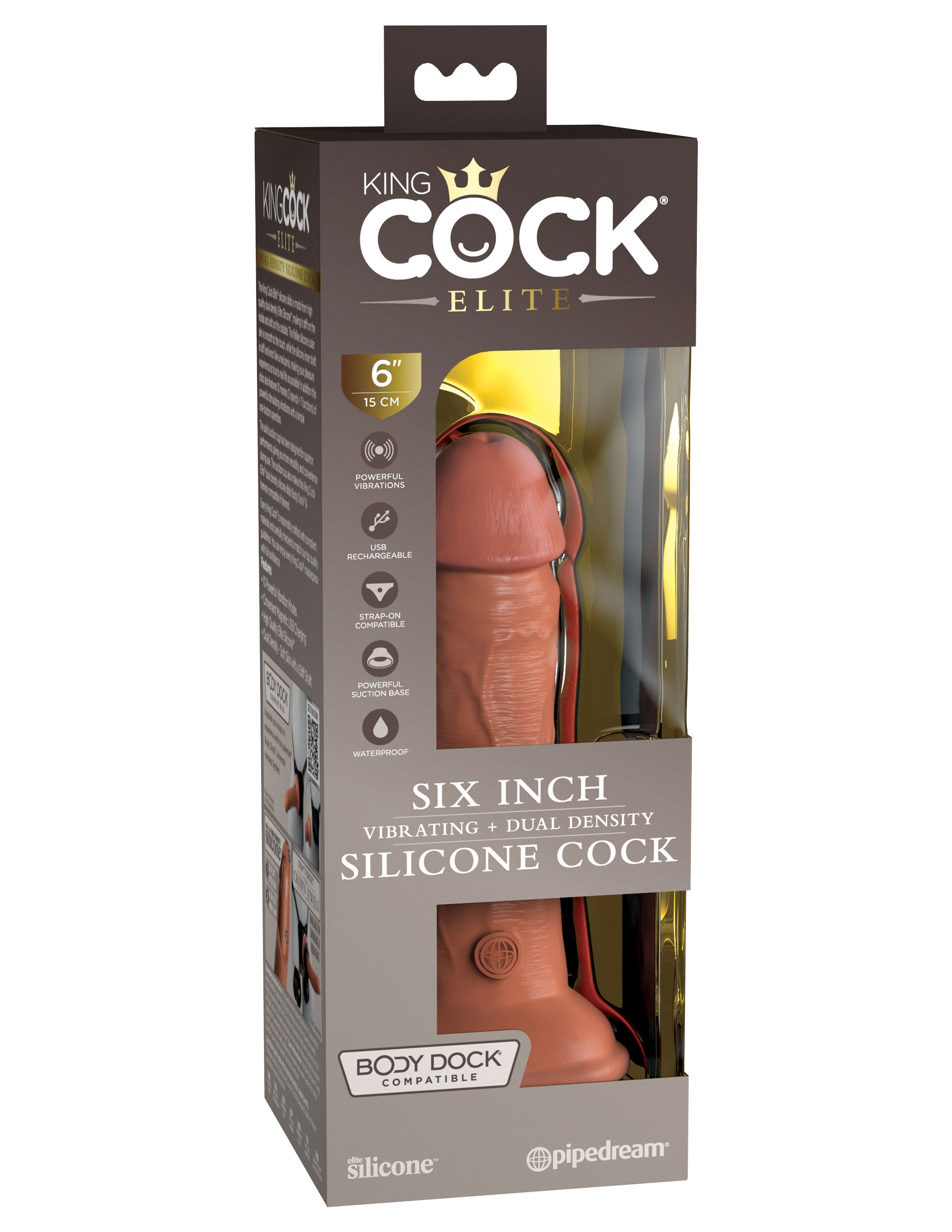 King Cock Elite 6 Inch Vibrating Silicone Dual Silicone Dual Density Cock - Tan