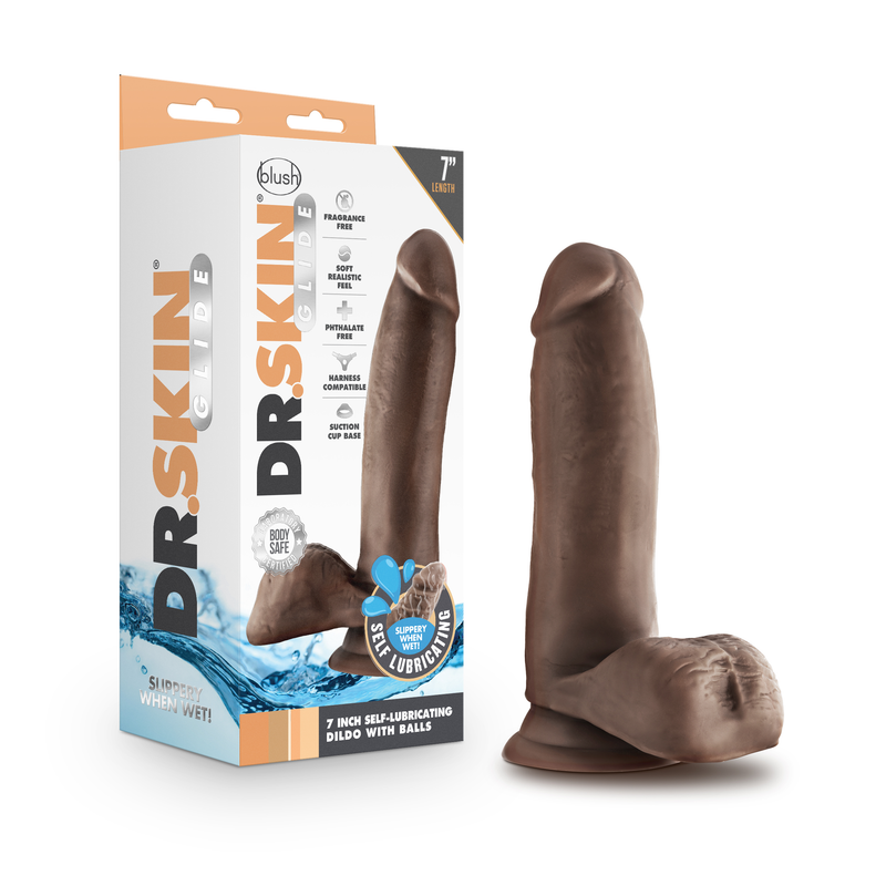 "Dr. Skin Glide - 7 Inch Self Lubricating Dildo With Balls - Chocolate BL-36426"