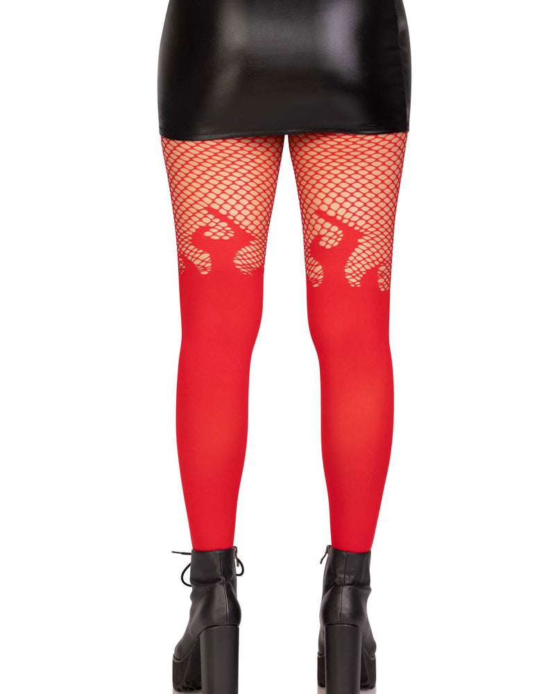 Opaque Flame Tights With Fishnet Top - One Size - Red