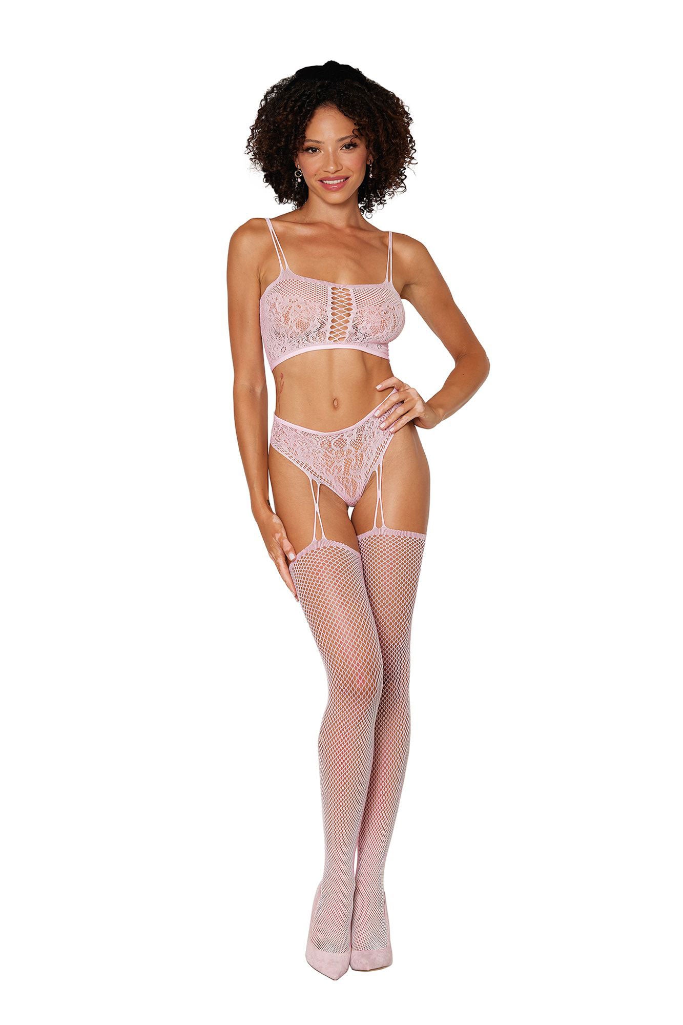 Bralette and Garter Hose - One Size - Pink