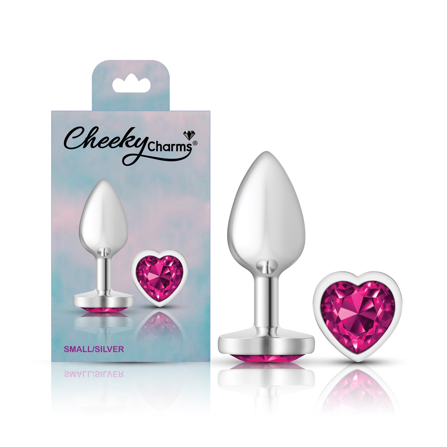 Cheeky Charms-Silver Metal Butt Plug- Heart-Bright Pink-Small