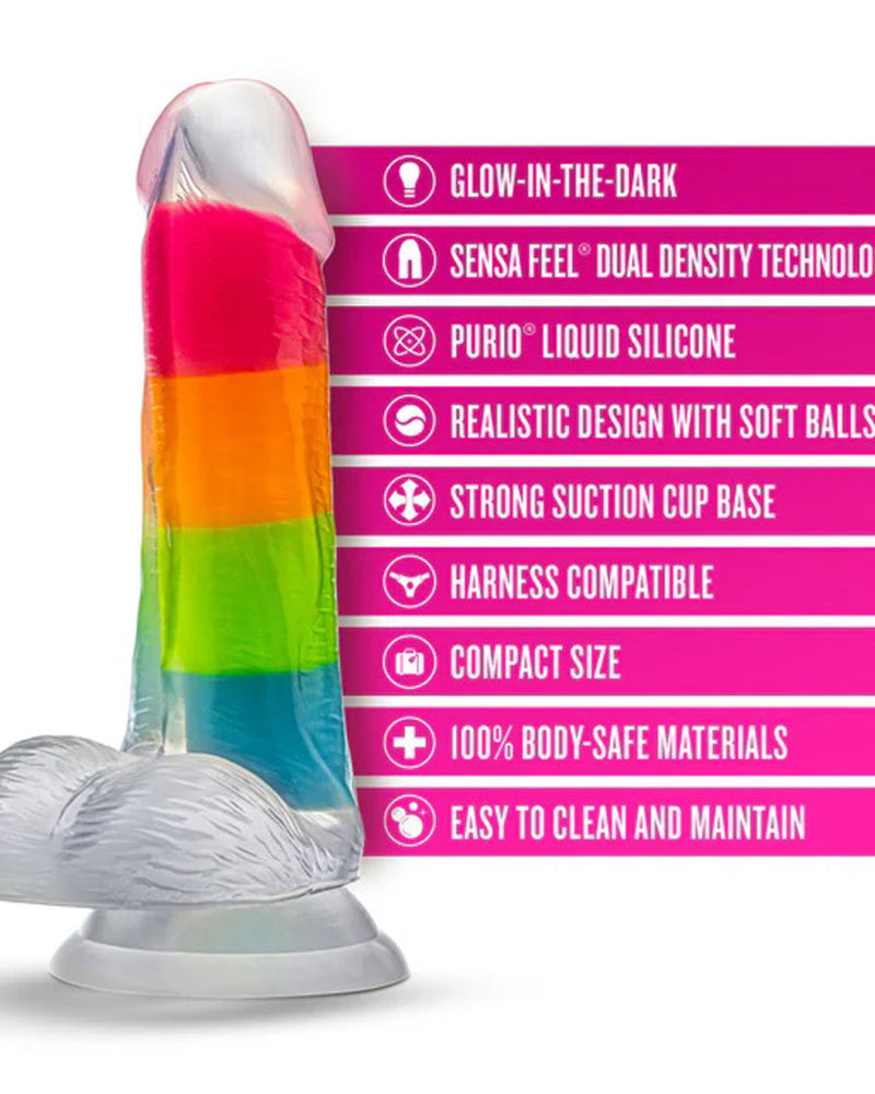 Neo Elite Glow in the Dark Rainbow Rave 6.5" Silicone Dual Density Dildo Multicolored