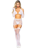 5 Pc Rhinestone Bikini Top G-String Garter Skirt, Gloves and Stockings - One Size - White