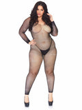 Crystalized Seamless Fishnet Long Sleeved Bodystocking - 1x/2x - Black